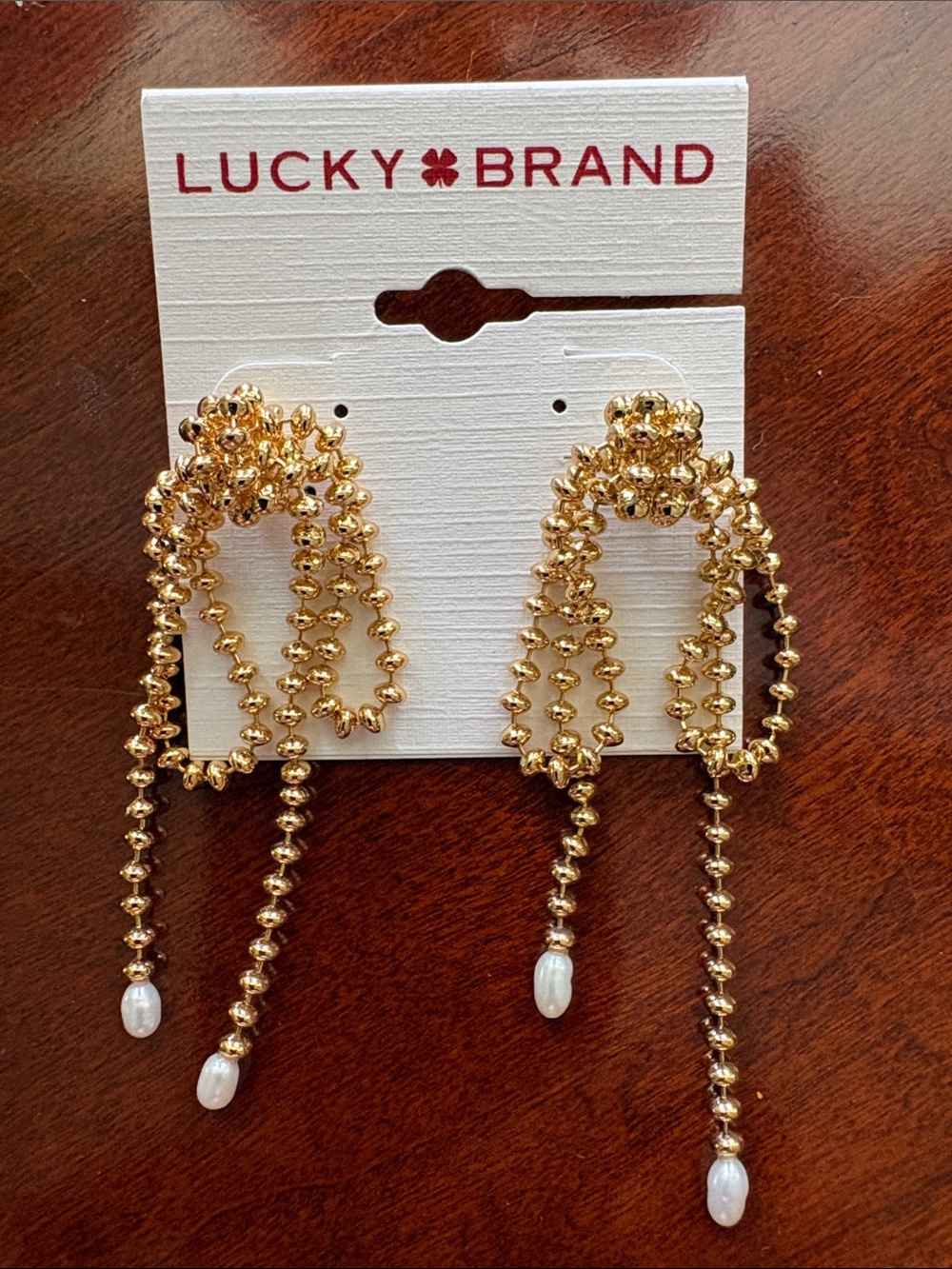 Lucky Brand Gold Beaded Drop Earrings with Pearl Dangles